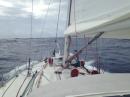 See the feet on the foredeck?: Securing the jib on deck. When the furler failed, down came the jib.